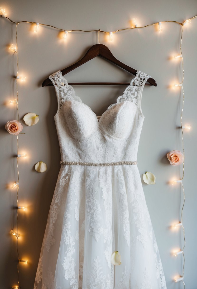 A white lace wedding dress hanging from a vintage wooden hanger, surrounded by delicate rose petals and sparkling fairy lights