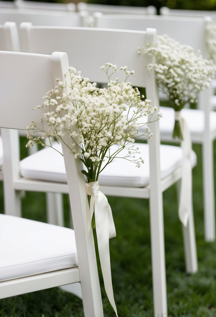 Baby's breath adorns wedding aisle chairs in a minimalistic style, with delicate white blooms tied in simple arrangements