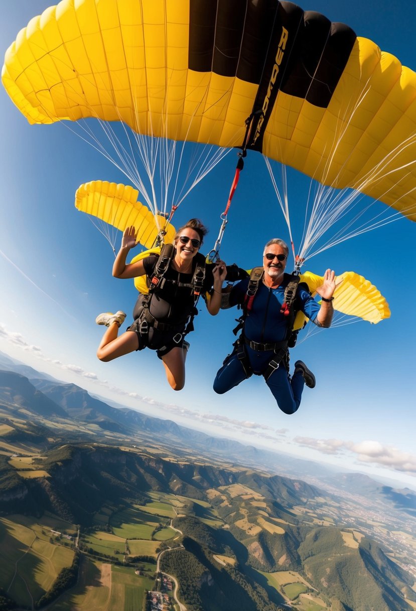 A couple tandem skydives over a picturesque landscape, their parachutes billowing in the wind as they celebrate their 49th wedding anniversary with a thrilling adventure sport