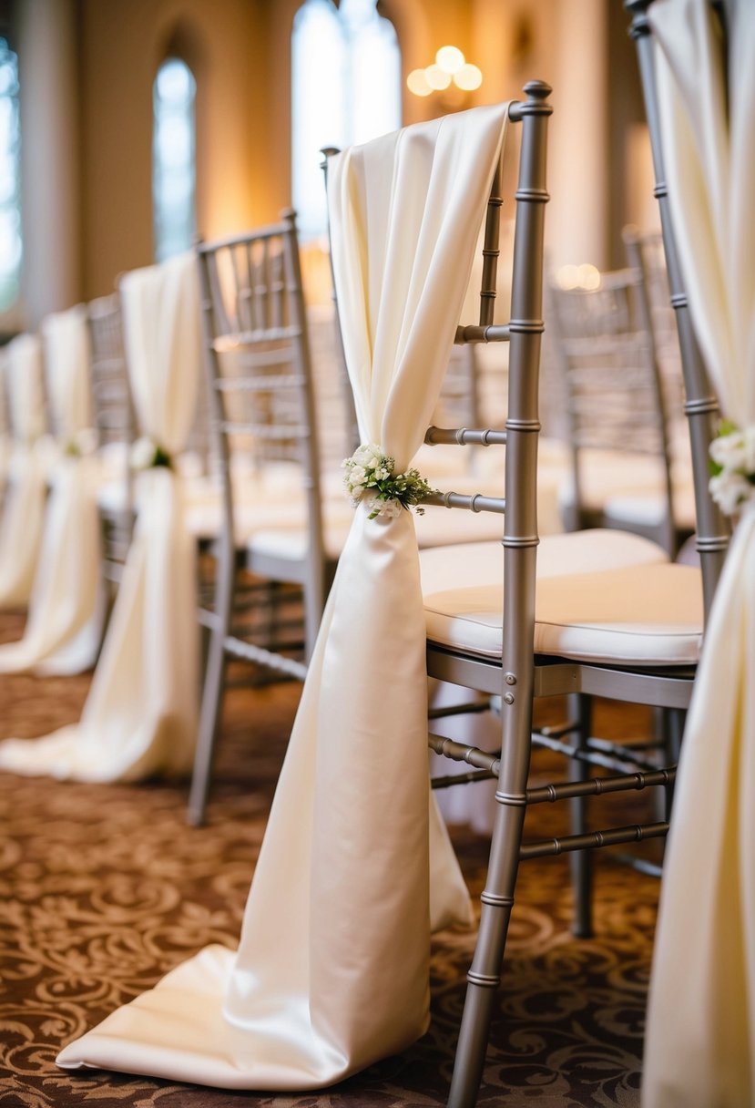 Satin drapes elegantly cascade down wedding aisle chairs