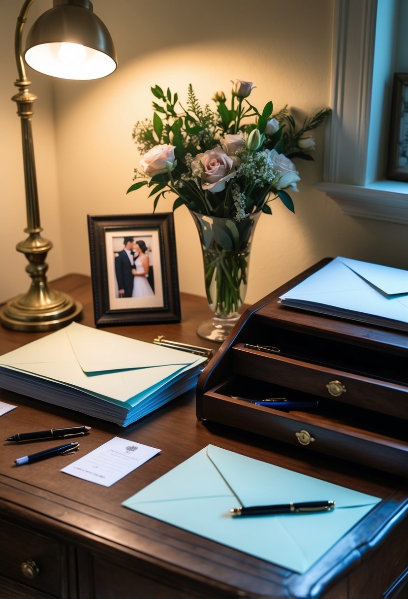 Two vintage desks with pens, paper, and envelopes. A soft glow from a nearby lamp. A vase of fresh flowers and a framed wedding photo