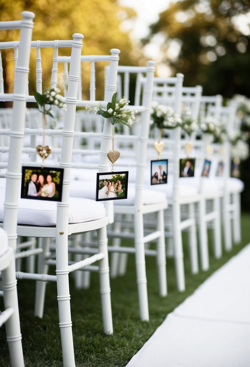 A row of wedding aisle chairs adorned with personalized photo charms hanging from the back, adding a personal touch to the decor