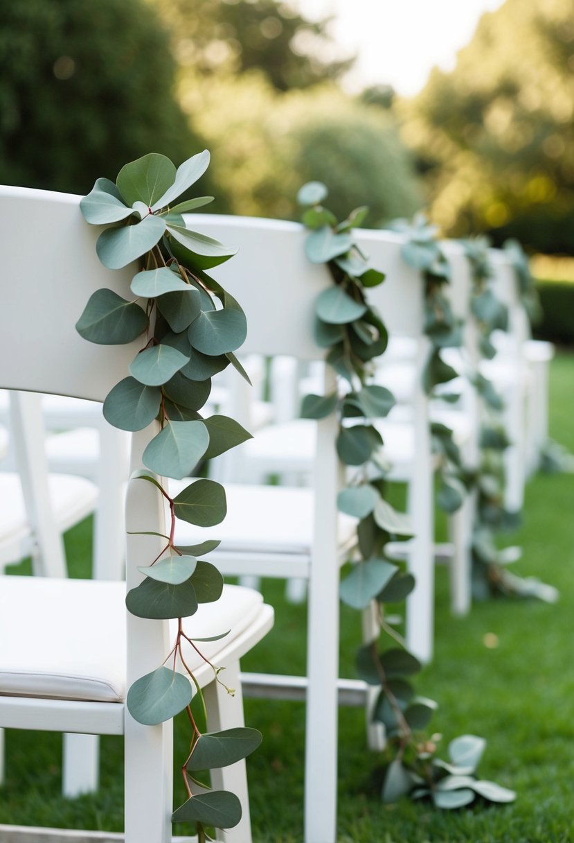 Eucalyptus garlands draped over wedding aisle chairs, creating a lush and natural atmosphere