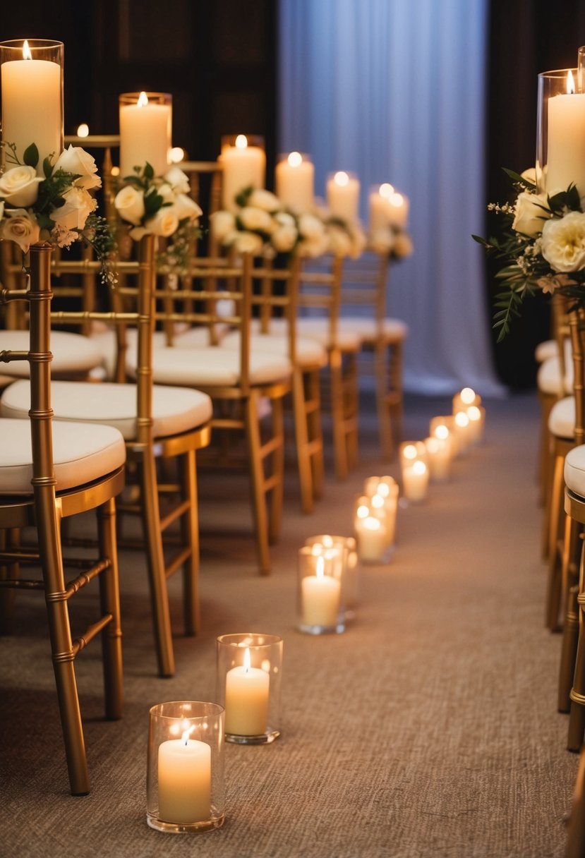 Elegant candle holders adorn wedding aisle chairs, casting a warm glow in the dimly lit ceremony space