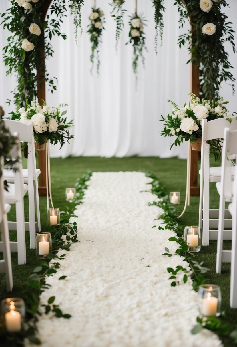 A white floral and greenery aisle runner leading to an arch with hanging flowers