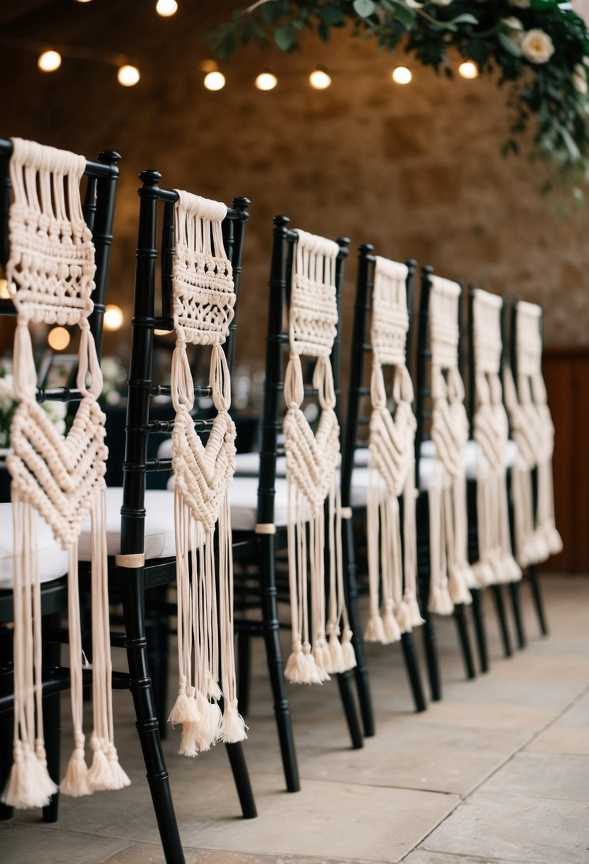 Boho macramé hangers adorn wedding aisle chairs, adding a touch of elegance and whimsy to the ceremony decor