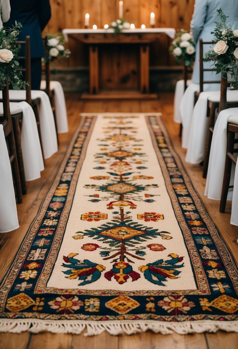 A vintage handmade Scandinavian aisle runner unfurls, adorned with intricate folk art motifs and vibrant colors, leading towards a rustic wooden altar