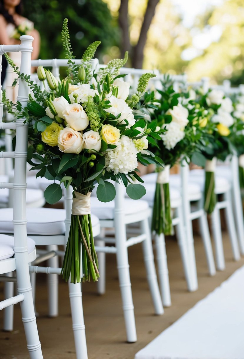 Lush bouquets of seasonal flowers adorn wedding aisle chairs, adding a touch of natural beauty to the ceremony