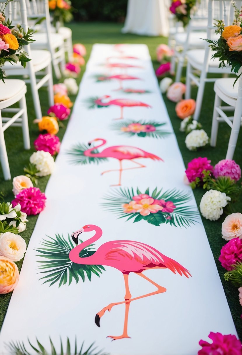 A white wedding aisle with a self-adhesive floral flamingo runner, surrounded by vibrant flowers and greenery