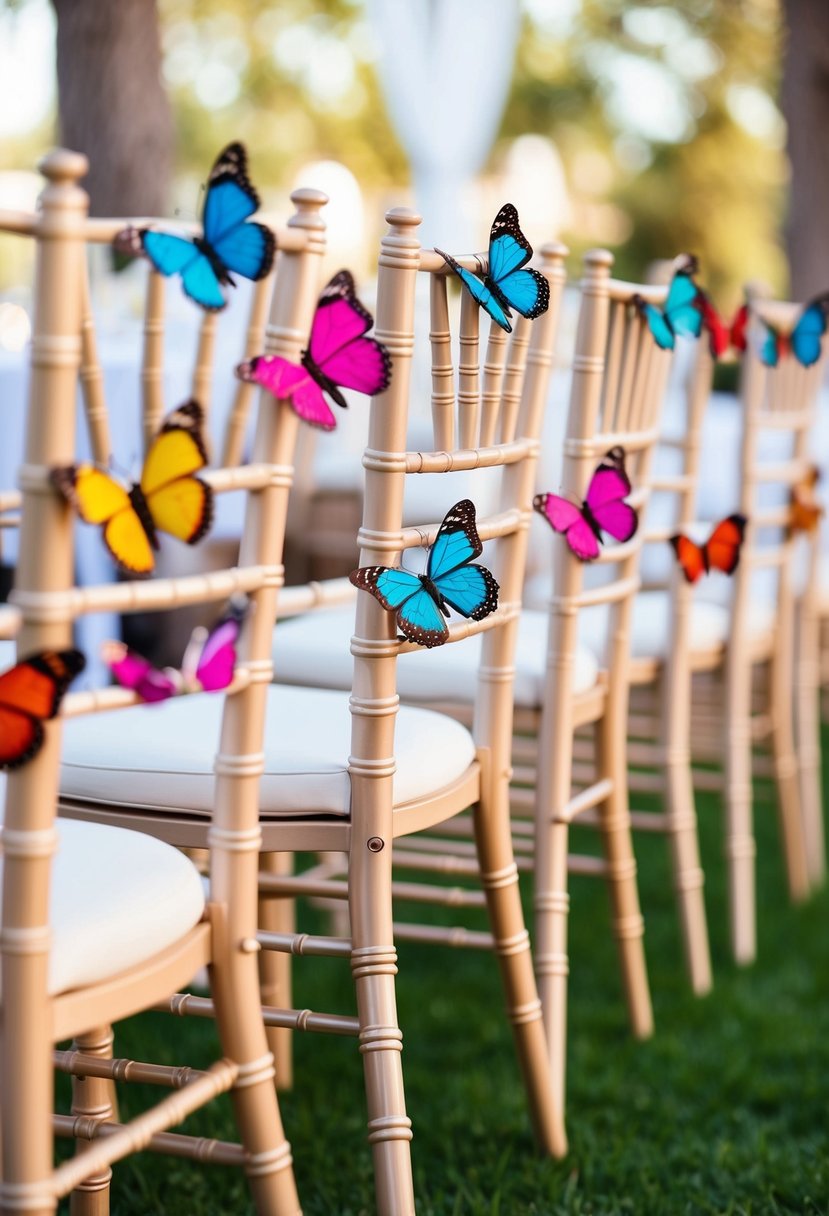 Colorful butterfly clips adorn wedding chairs in a whimsical display