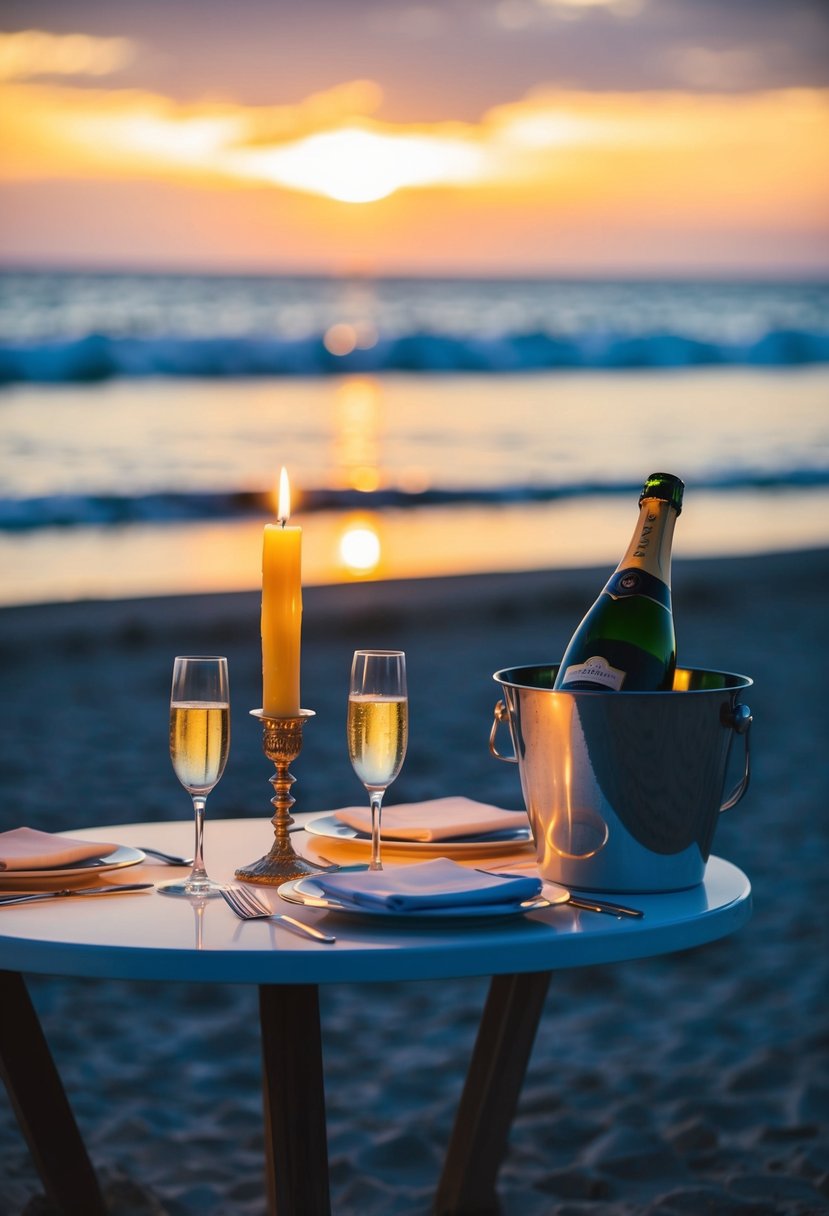 A candlelit dinner on a beach at sunset, with a table set for two and a bottle of champagne chilling in a bucket