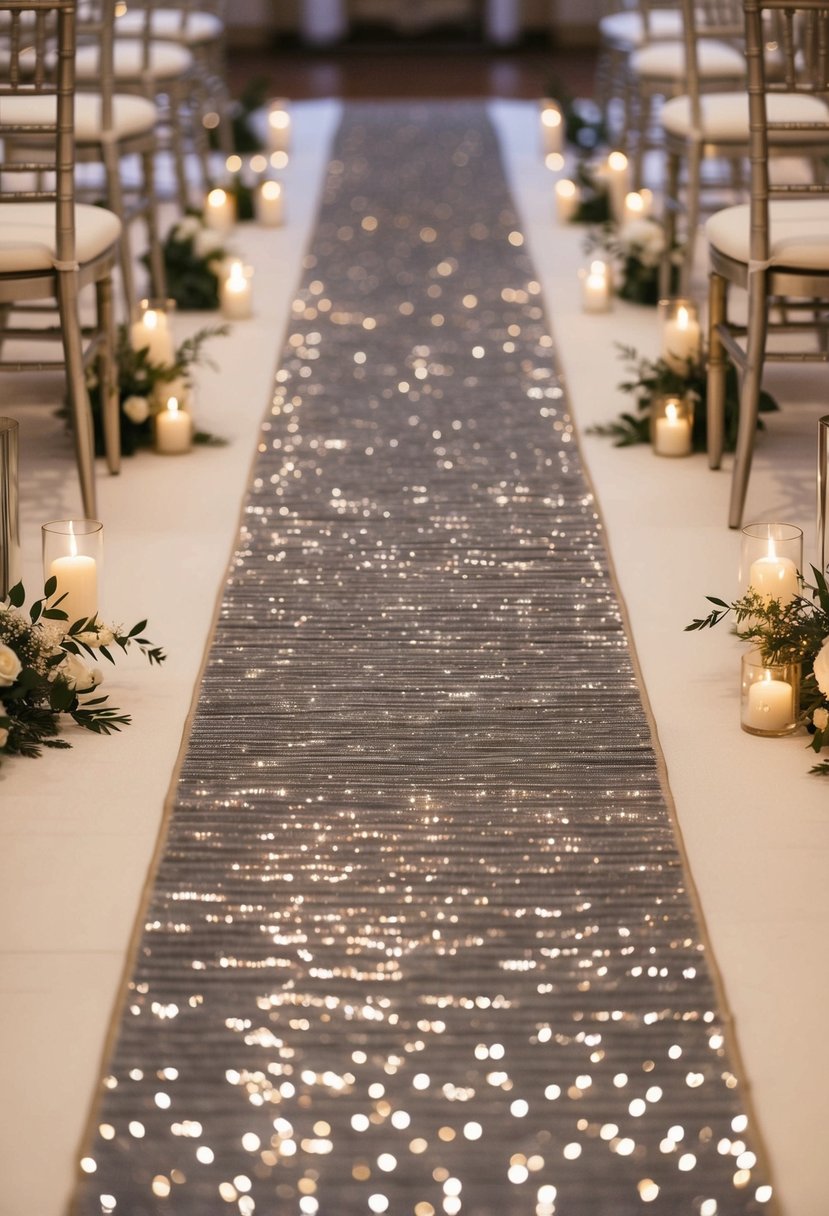 A long, reflective aisle runner stretches out, casting a shimmering glow as it leads to the altar