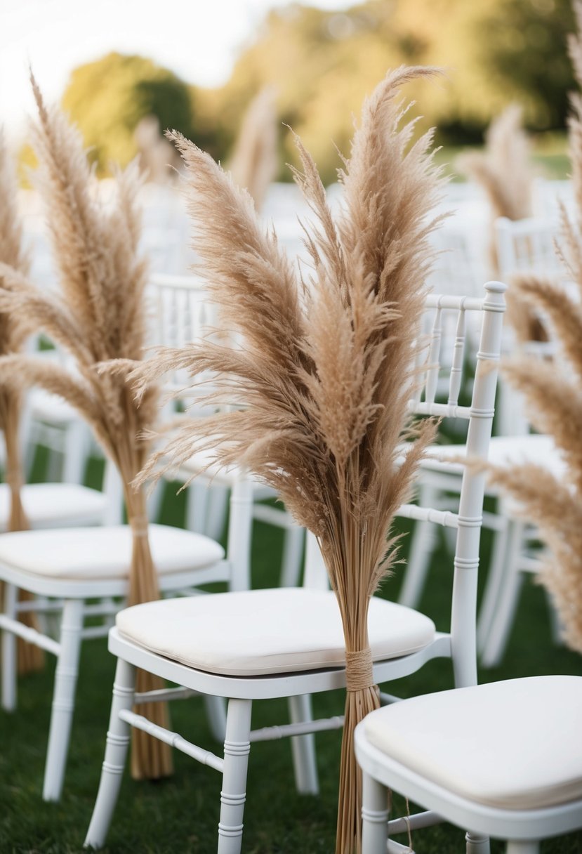 Dried pampas grass adorns wedding aisle chairs, creating a bold and elegant atmosphere