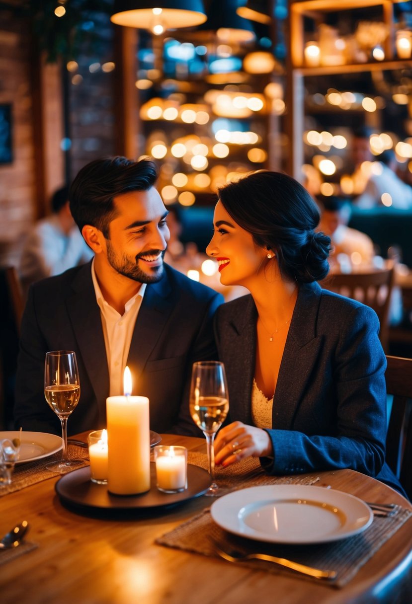 A couple sitting at a candlelit table in a cozy restaurant, surrounded by romantic ambiance and reminiscing about their first date