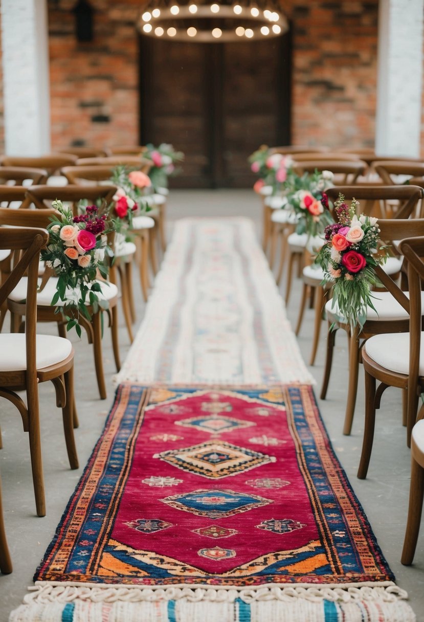 A bohemian rug wedding aisle with colorful patterns and floral accents