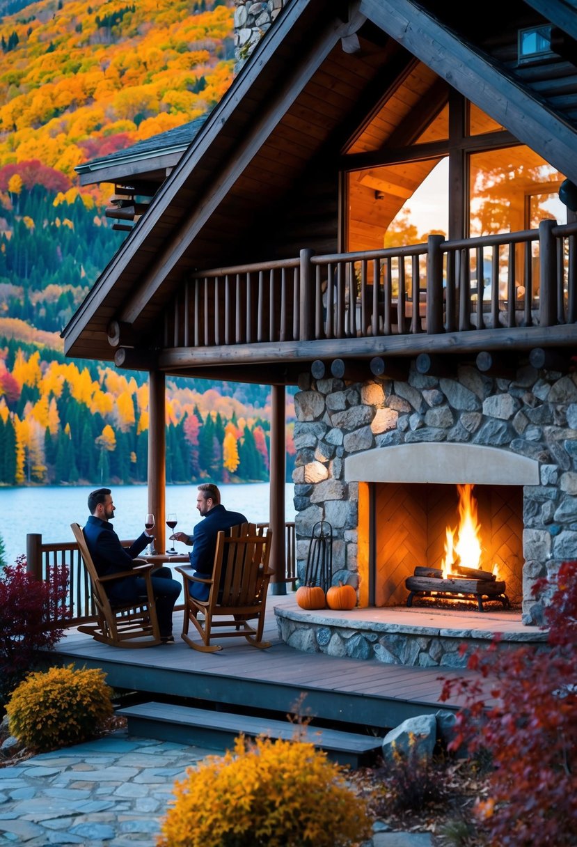 A cozy cabin nestled in the mountains, surrounded by colorful autumn foliage. A crackling fire burns in the stone fireplace, while a couple enjoys a glass of wine on the porch overlooking a serene lake