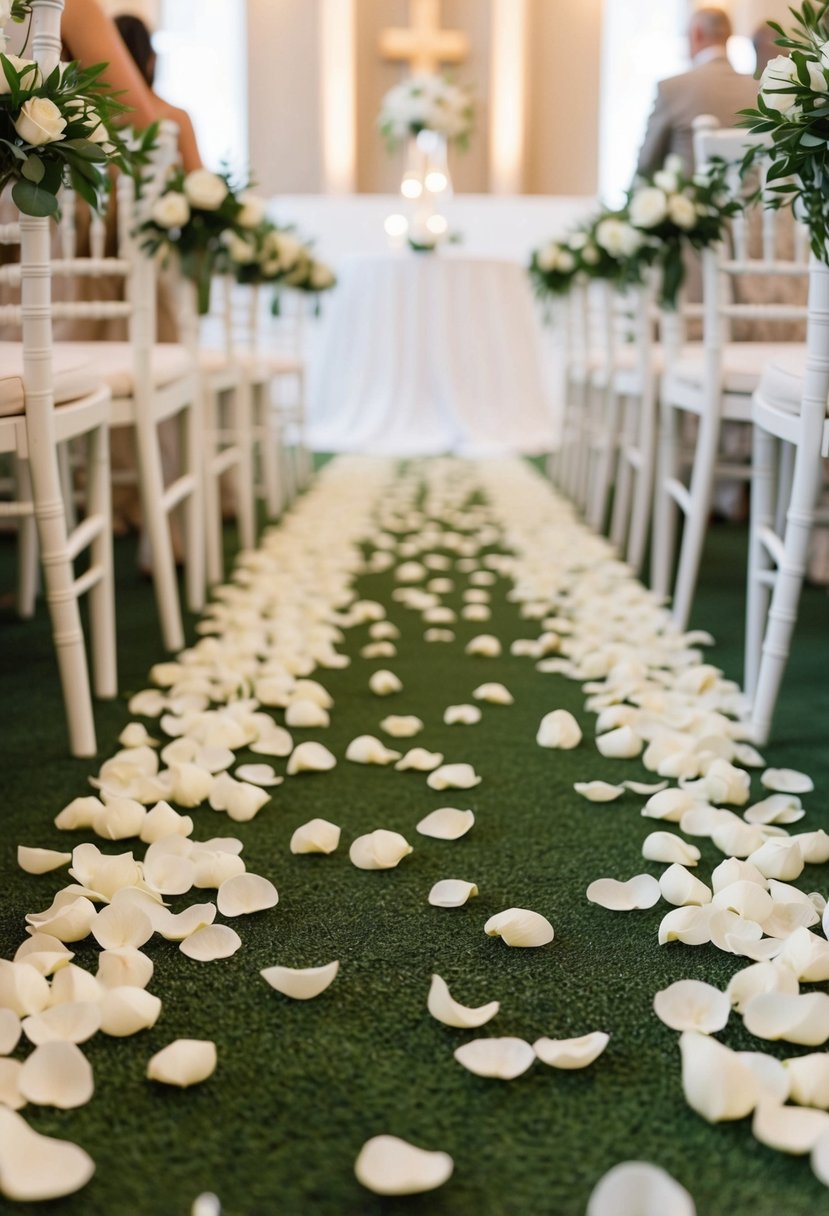 Aisle lined with white rose petals, leading to a wedding altar