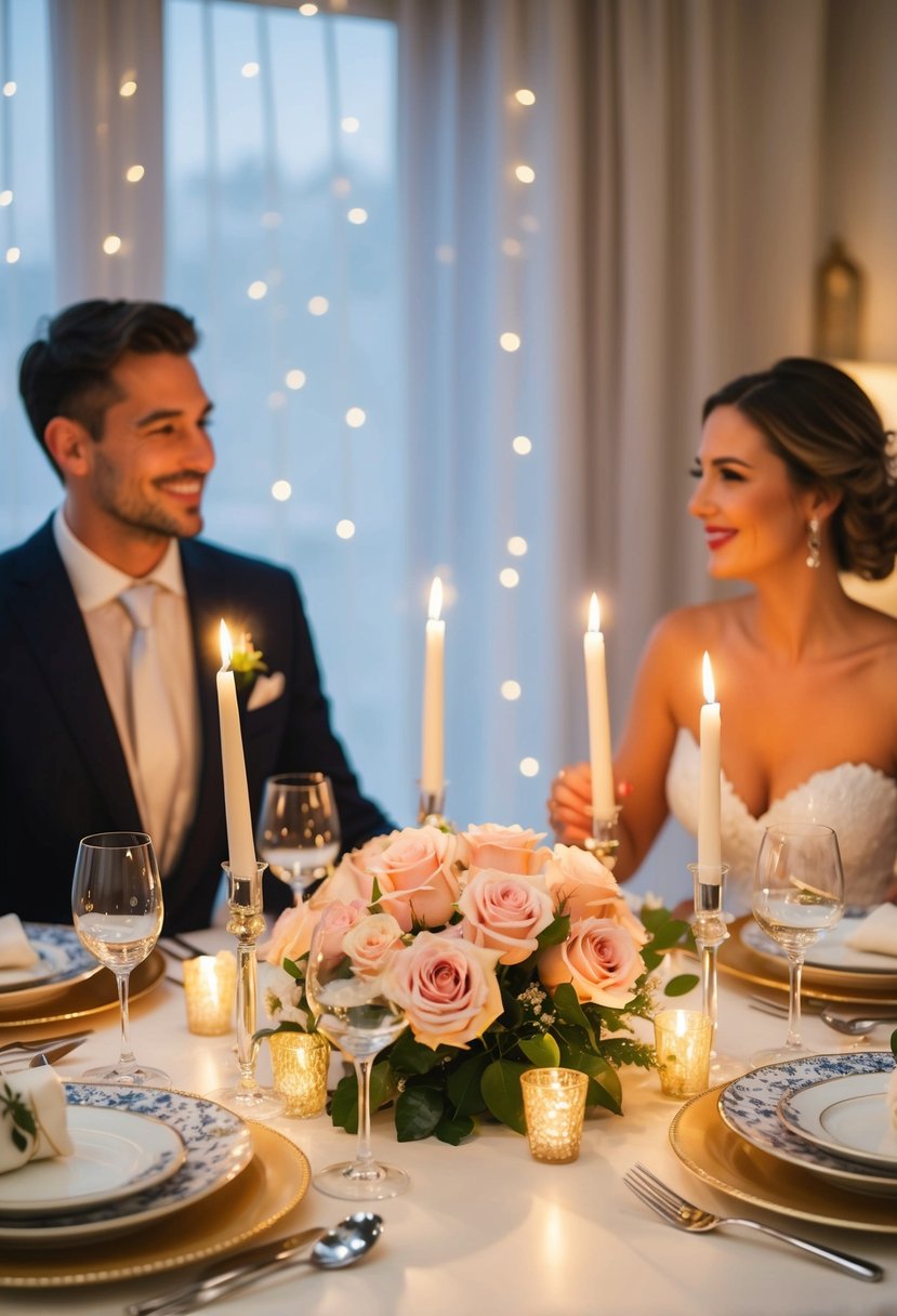 A candlelit table set with fine china, wine glasses, and a bouquet of roses. Soft music plays in the background as the couple enjoys a romantic dinner at home for their 24th wedding anniversary