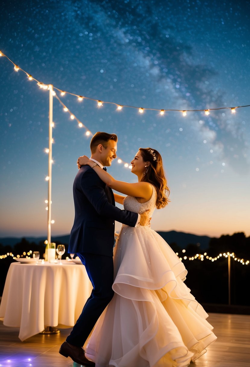 A couple dancing under a starry sky, surrounded by twinkling lights and a table set for two with a personalized playlist playing in the background