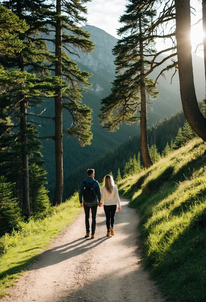 A couple walks along a winding mountain trail, surrounded by lush greenery and towering trees. The sun peeks through the branches, casting dappled light on the path ahead