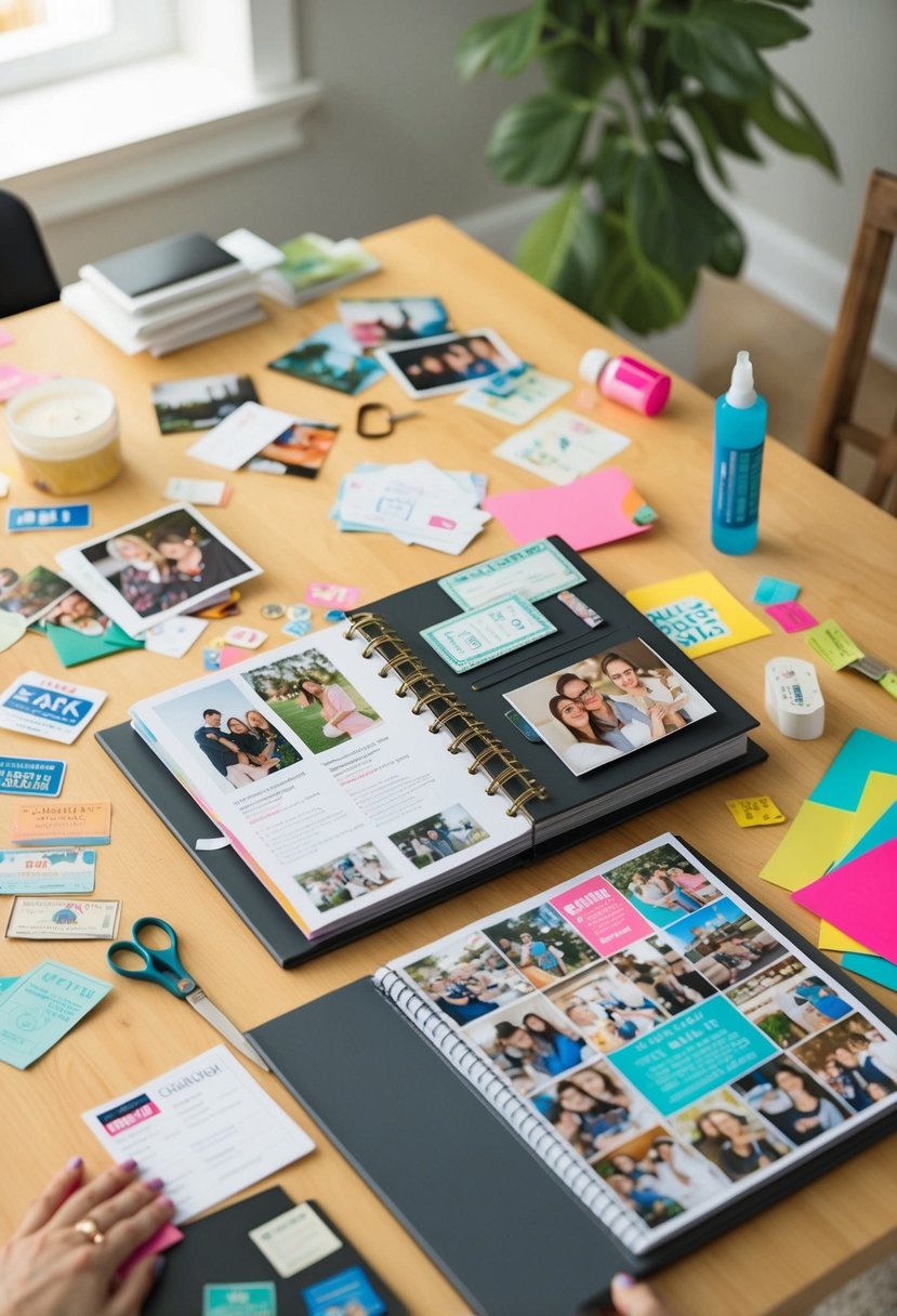 A table with photos, tickets, and mementos spread out. Glue, scissors, and colorful paper scattered around. A completed scrapbook lies open, showcasing cherished memories