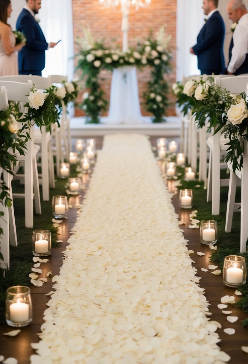 A white petal-lined runner stretches down the center of the aisle, leading to an altar adorned with flowers and greenery