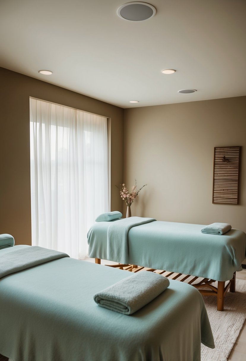 A tranquil spa with two massage tables, soft lighting, and a serene atmosphere