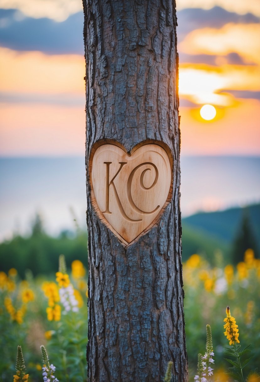 A couple's initials carved into a tree trunk surrounded by blooming wildflowers and a serene sunset in the background