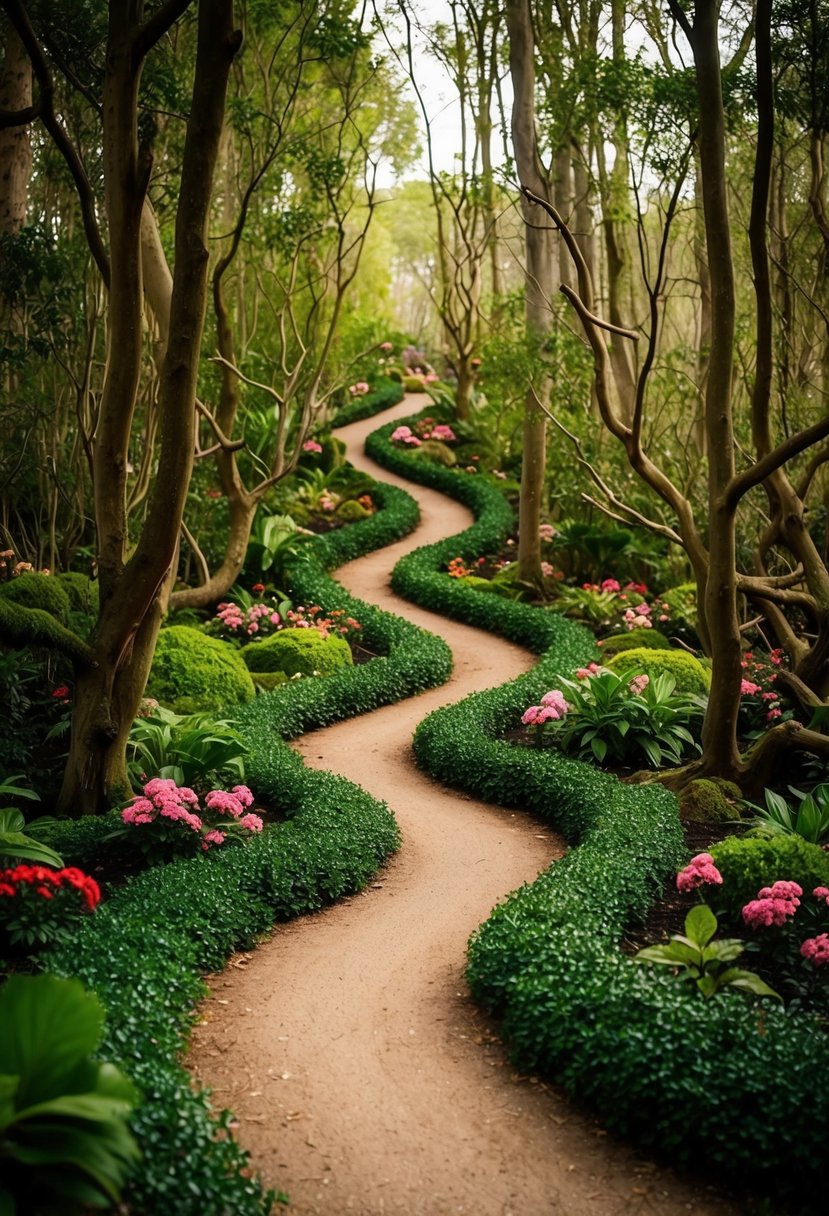 A whimsical fairytale forest with winding path and enchanted flora