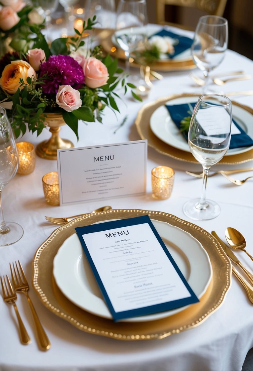 A beautifully set table with elegant place settings, floral centerpieces, and a menu card showcasing a selection of delicious dishes