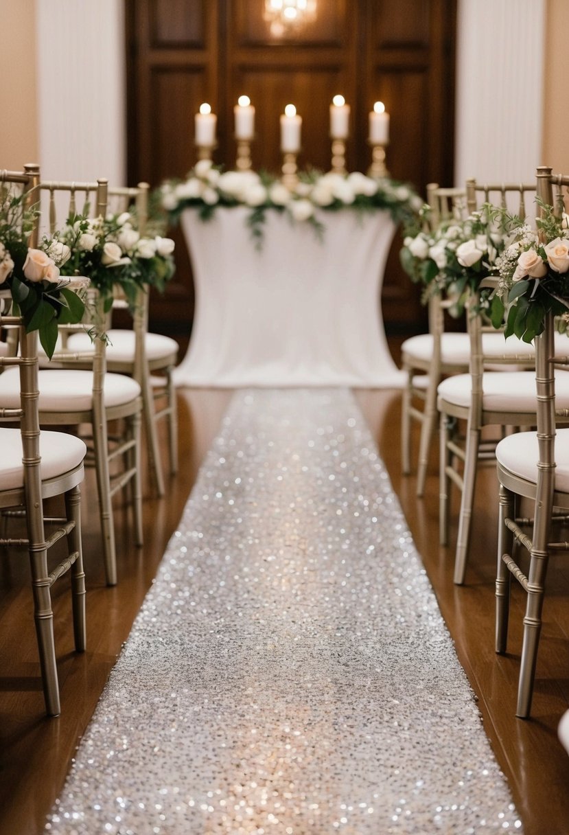 A sparkling sequined aisle runner leading to an elegant wedding altar