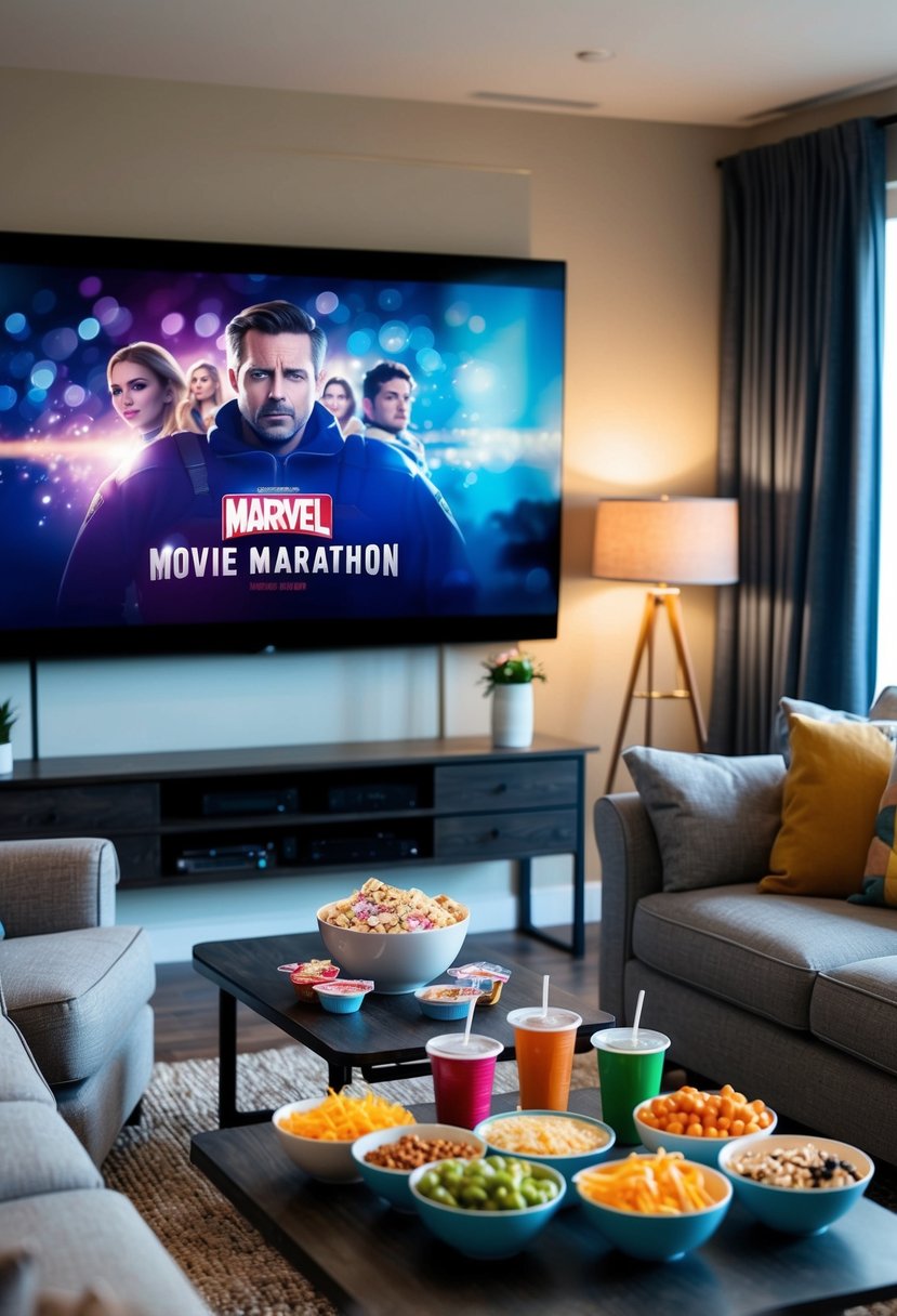 A cozy living room with a big screen TV, comfy couches, and a table spread with snacks and drinks for a movie marathon