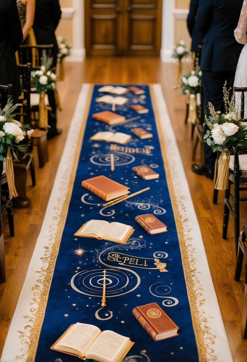 A magical wedding aisle runner adorned with wizarding books, wands, and swirling spell motifs