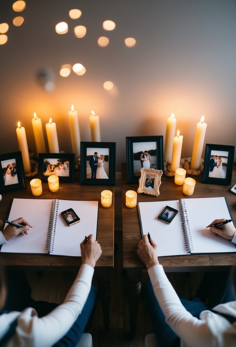 A cozy living room with two desks facing each other, each with a pen and paper, surrounded by flickering candles and framed wedding photos