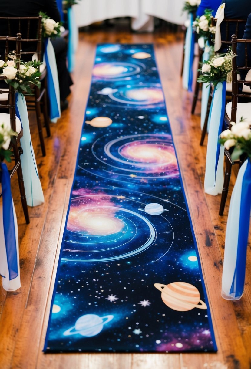 A galaxy-themed wedding aisle runner with swirling stars, planets, and cosmic colors stretching down the aisle