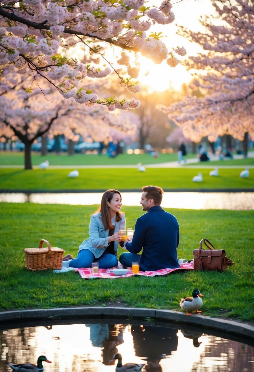 A couple picnicking in a park at sunset, surrounded by blooming cherry blossoms and a small pond with ducks