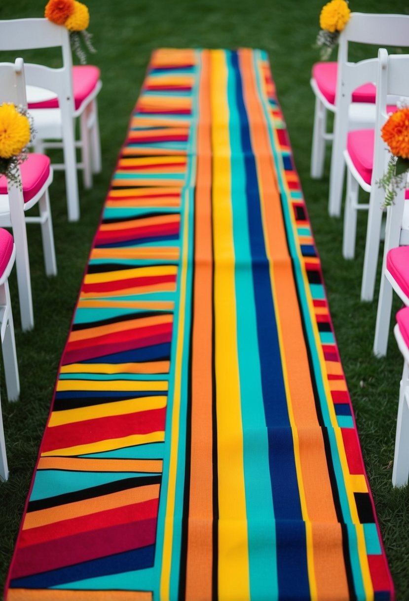 A vibrant 1970's-themed wedding aisle runner featuring bold, retro patterns and bright, contrasting colors