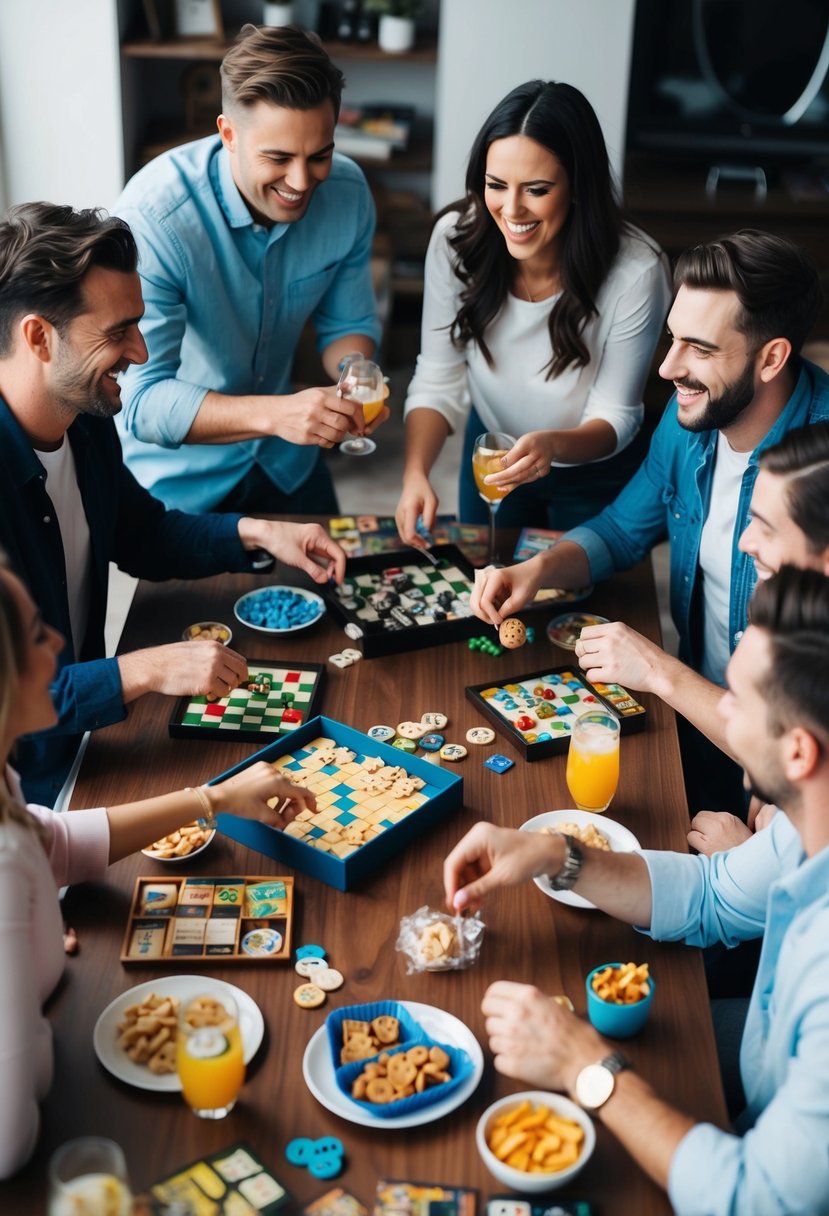 A group of friends gather around a table filled with board games, snacks, and drinks. Laughter and competitive banter fill the air as they celebrate a couple's 24th wedding anniversary