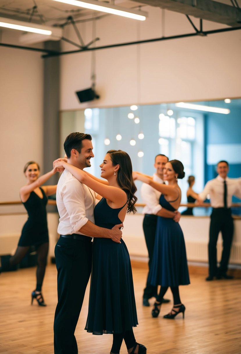 A cozy dance studio with twirling couples, soft lighting, and a welcoming instructor