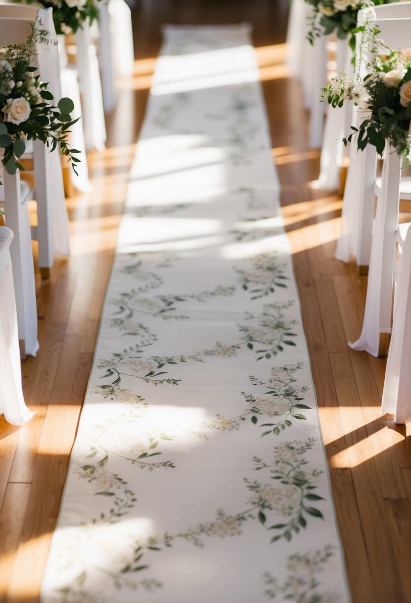 A chiffon aisle runner with a delicate floral design unfurls down the center of a sunlit wedding aisle