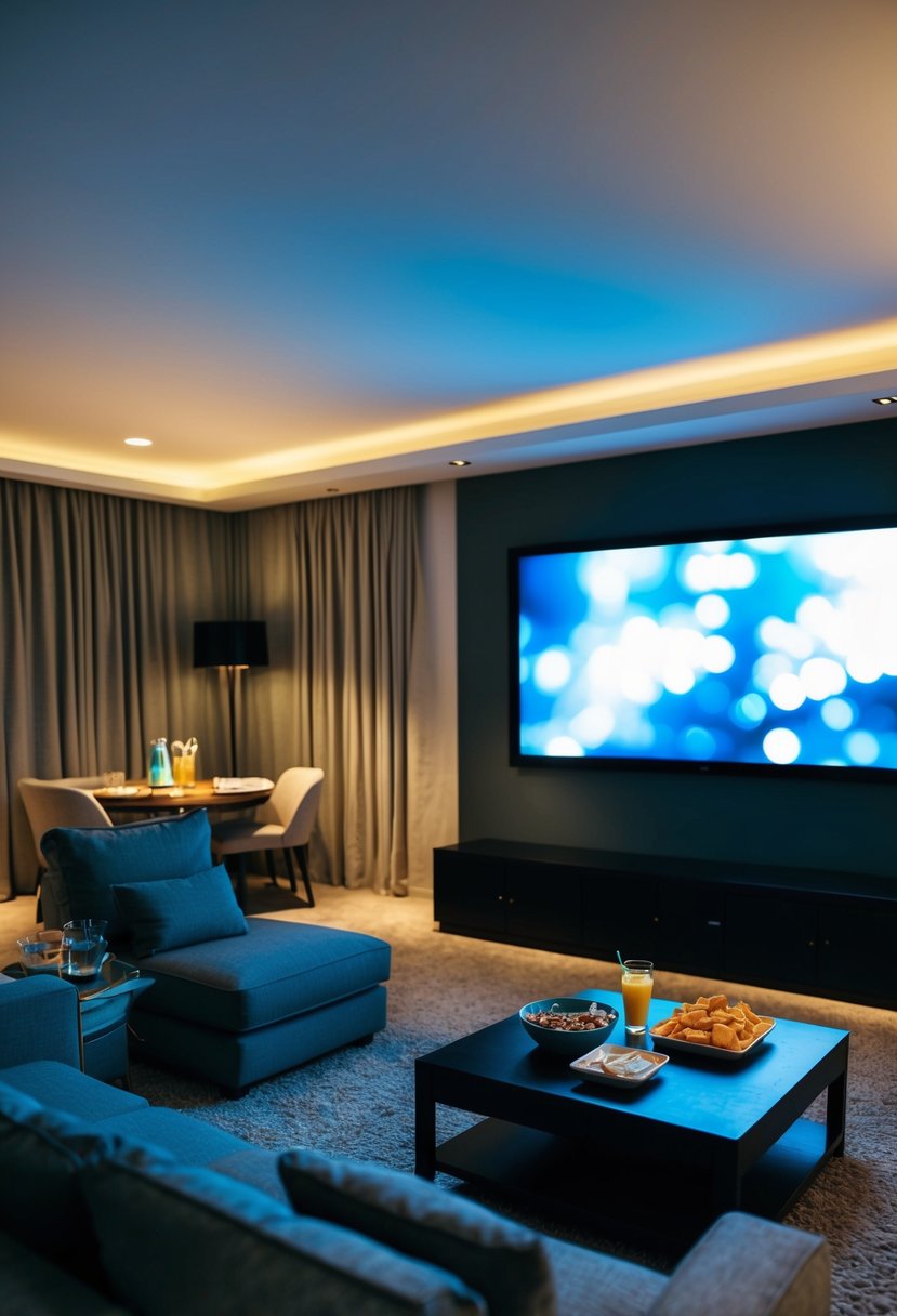 A cozy living room with a large screen, dim lighting, and comfortable seating. A table with snacks and drinks is nearby