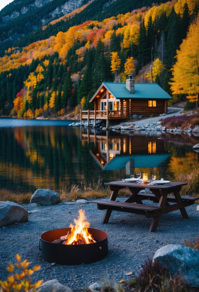 A cozy cabin nestled in the mountains, surrounded by colorful autumn foliage and a serene lake, with a crackling fire pit and a picnic table set for two