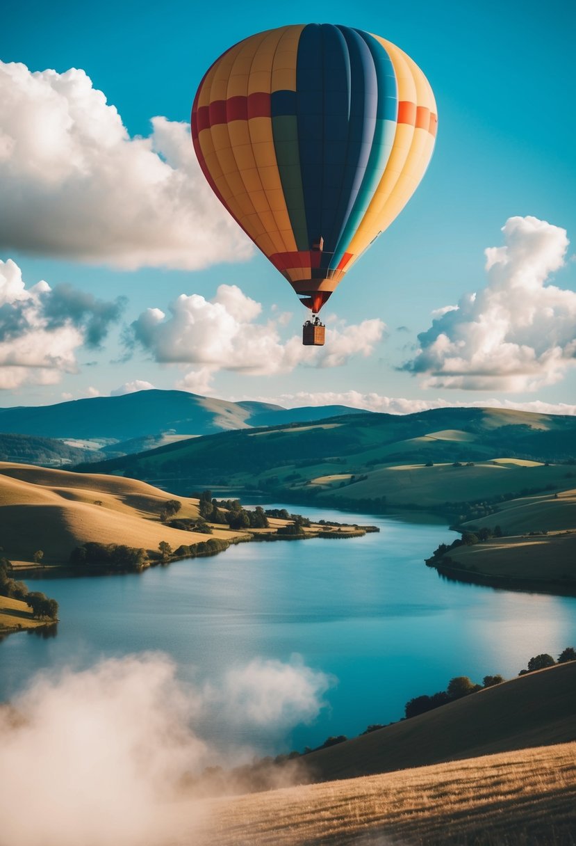 A colorful hot air balloon floats above rolling hills and a serene lake, with a clear blue sky and fluffy white clouds in the background