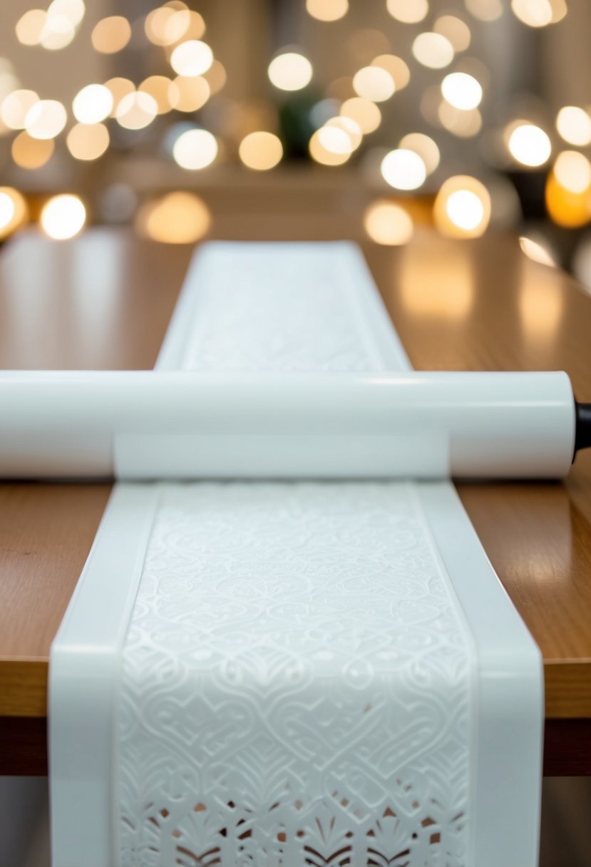 A white plastic runner with a decorative pattern, rolled out with a handle at the top