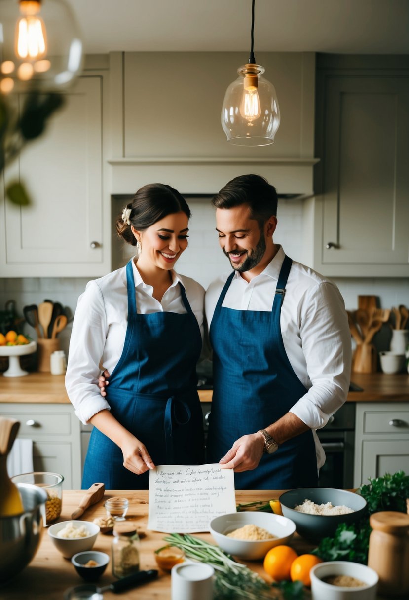 A couple stands side by side in a cozy kitchen, surrounded by ingredients and utensils, following a handwritten recipe from their wedding day