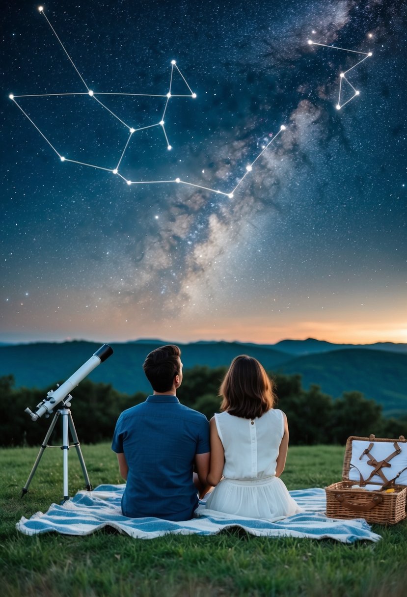 A couple sits on a blanket under a star-filled sky, gazing up at the constellations. A telescope and picnic basket lay nearby