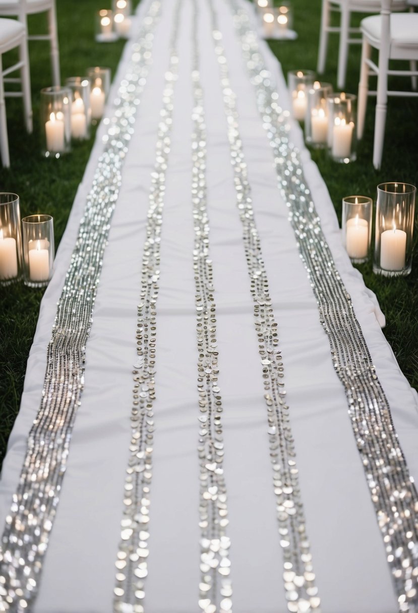 A long, white wedding aisle runner adorned with shimmering sequins and studded with delicate beads, creating a sparkling and elegant pathway for the bride and groom