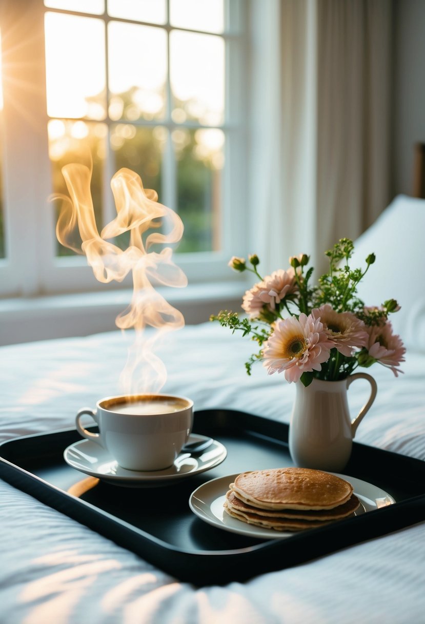 A tray with a steaming cup of coffee, a plate of pancakes, and a vase of fresh flowers sits on a neatly made bed. Sunlight streams through the window, casting a warm glow on the scene