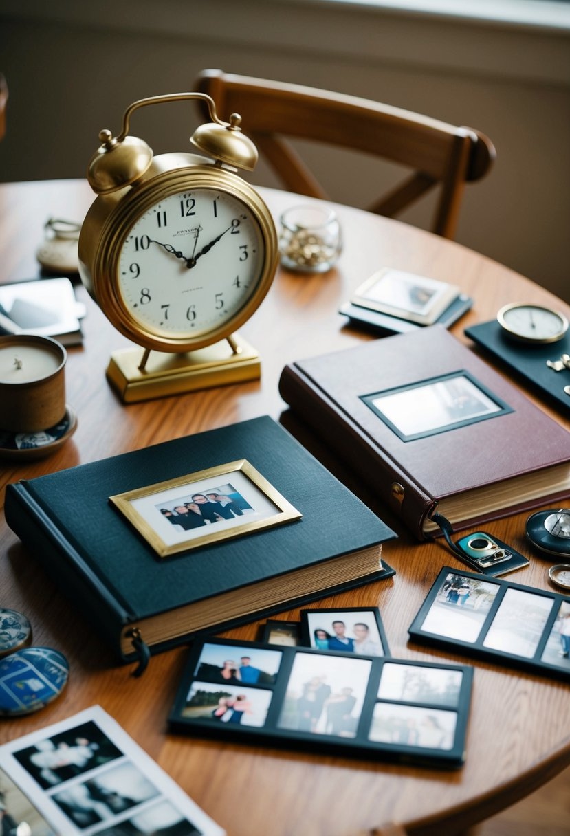 A table adorned with a vintage clock, a photo album, and a collection of mementos from the past 28 years