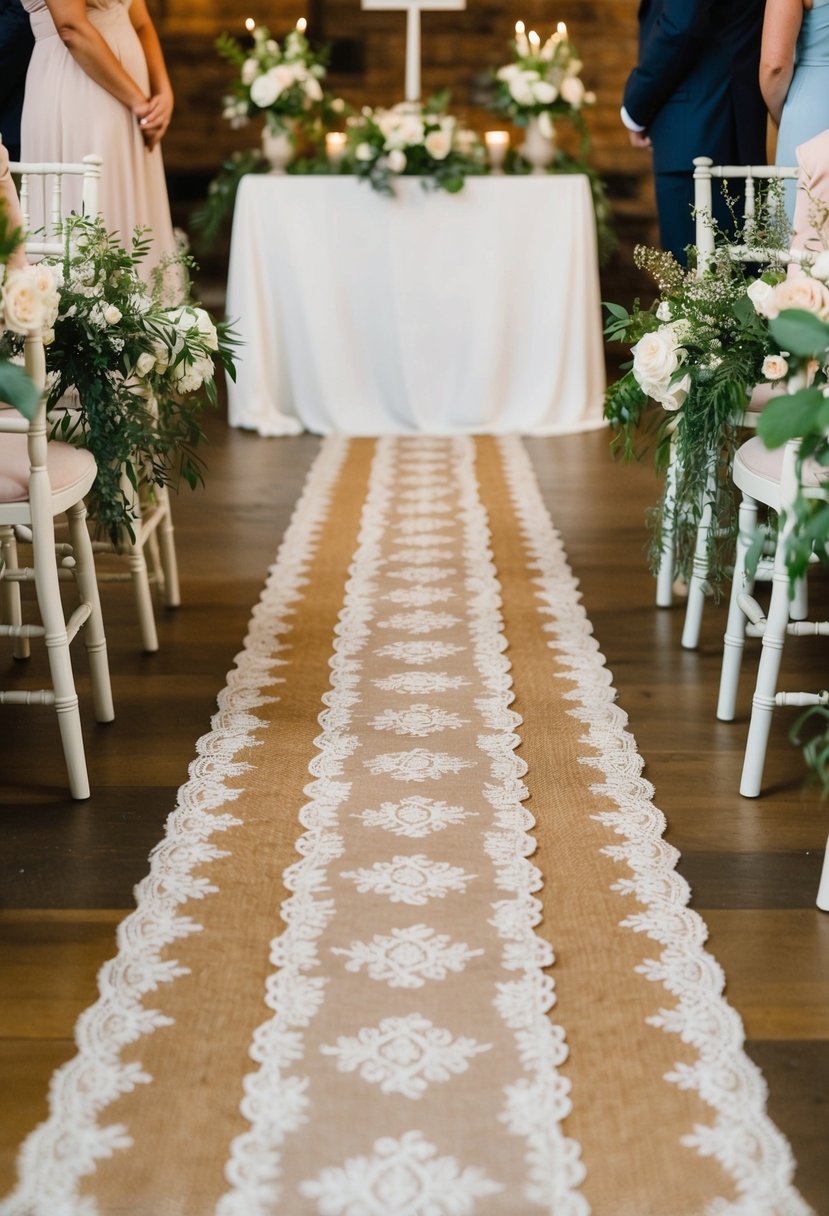 A rustic burlap aisle runner with delicate lace overlay, leading towards an altar adorned with flowers and greenery